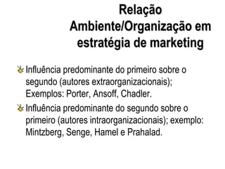 Relação
Ambiente/Organização em
estratégia de marketing
Influência predominante do primeiro sobre o
segundo (autores extraorganizacionais);
Exemplos: Porter, Ansoff, Chadler.
Influência predominante do segundo sobre o
primeiro (autores intraorganizacionais); exemplo:
Mintzberg, Senge, Hamel e Prahalad.
 