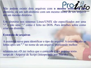 Não podem existir dois arquivos com  o mesmo nome em um  diretório, ou um sub-diretório com um mesmo nome de um arquivo em um mesmo diretório. Um diretório nos sistemas Linux/UNIX são especificados por uma "/" e não uma "\" como é feito no DOS. Para detalhes sobre como criar um diretório. Extensão de arquivos A extensão serve para identificar o tipo do arquivo. A extensão são as letras após um "." no nome de um arquivo, explicando melhor: relatório .txt  - O .txt indica que o conteúdo é um arquivo texto. script .sh  - Arquivo de Script (interpretado por /bin/sh). 
