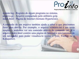 system .log  - Registro de algum programa no sistema. arquivo .gz  - Arquivo compactado pelo utilitário gzip. index .html  - Página de Internet (formato Hypertexto). A extensão de um arquivo também ajuda a saber o que precisamos fazer para abri-lo. Por exemplo, o arquivo relatório.txt é um texto simples e podemos ver seu conteúdo através do comando cat, já o arquivo index.html contém uma página de Internet e precisaremos de um navegador para poder visualiza-lo (como o lynx, Firefox ou o Konqueror). 