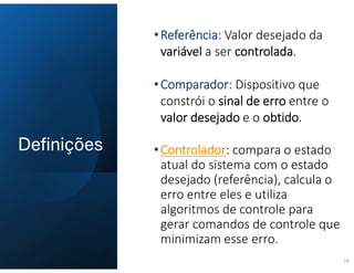 Definições
•Referência: Valor desejado da
variável a ser controlada.
•Comparador: Dispositivo que
constrói o sinal de erro entre o
valor desejado e o obtido.
•Controlador: compara o estado
atual do sistema com o estado
desejado (referência), calcula o
erro entre eles e utiliza
algoritmos de controle para
gerar comandos de controle que
minimizam esse erro.
16
 