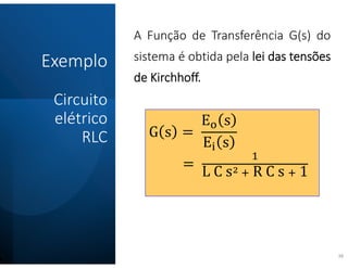 Exemplo
Circuito
elétrico
RLC
38
A Função de Transferência G(s) do
sistema é obtida pela lei das tensões
de Kirchhoff.
G s =
E s
E s
=
L C s R C s 1
 