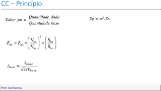 CC – Princípio
Prof. José Batista
2
' bv bn
pu pu
bn bv
V S
Z Z
V S
   
  
   
   
𝑍𝑝 = 𝛼2. 𝑍𝑠
𝐼𝑏𝑎𝑠𝑒 =
𝑆𝑏𝑎𝑠𝑒
3𝑥𝑉𝑏𝑎𝑠𝑒
 