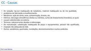 CC - Causas
Prof. José Batista
Prof. José Batista
• De isolação: lay-out inadequado de isoladores, material inadequado ou de má qualidade,
• problemas de fabricação e envelhecimento.
• Mecânicos: ação do vento, neve, contaminação, árvores, etc.
• Elétricos: descargas atmosféricas diretas ou indiretas, surtos de chaveamento (manobra), os quais
• causam sobretensões no sistema.
• Térmicos: sobrecorrentes devidas a sobrecargas.
• De manutenção: substituição inadequada de peças e equipamentos, pessoal não qualificado,
• inspeção não adequada da rede.
• Outros: vandalismo, queimadas, inundações, desmoronamentos e outros acidentes.
 