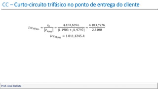 CC – Curto-circuito trifásico no ponto de entrega do cliente
Prof. José Batista
𝐼𝑐𝑐3∅𝐵01
=
𝐼𝑏
𝑍𝑢𝐵01
=
4.183,6976
|1,1903 + 𝑗1,9797|
=
4.183,6976
2,3100
𝐼𝑐𝑐3∅𝐵01
= 1.811,1245 𝐴
 