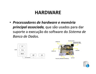 HARDWARE
• Processadores de hardware e memória
  principal associada, que são usados para dar
  suporte a execução do software do Sistema de
  Banco de Dados.
 