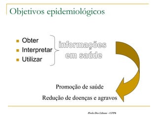 Objetivos epidemiológicos


    Obter
    Interpretar
    Utilizar



                   Promoção de saúde
            Redução de doenças e agravos

                              Profa Dra Liliane - UFPA
 