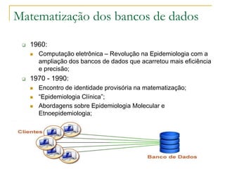 Matematização dos bancos de dados

    1960:
        Computação eletrônica – Revolução na Epidemiologia com a
         ampliação dos bancos de dados que acarretou mais eficiência
         e precisão;
    1970 - 1990:
        Encontro de identidade provisória na matematização;
        “Epidemiologia Clínica”;
        Abordagens sobre Epidemiologia Molecular e
         Etnoepidemiologia;




                                      Profa Dra Liliane - UFPA
 