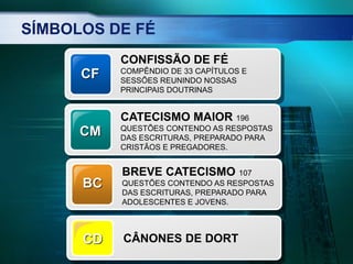 SÍMBOLOS DE FÉ
CF
CONFISSÃO DE FÉ
COMPÊNDIO DE 33 CAPÍTULOS E
SESSÕES REUNINDO NOSSAS
PRINCIPAIS DOUTRINAS
CM
CATECISMO MAIOR 196
QUESTÕES CONTENDO AS RESPOSTAS
DAS ESCRITURAS, PREPARADO PARA
CRISTÃOS E PREGADORES.
CD CÂNONES DE DORT
BC
BREVE CATECISMO 107
QUESTÕES CONTENDO AS RESPOSTAS
DAS ESCRITURAS, PREPARADO PARA
ADOLESCENTES E JOVENS.
 