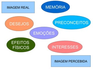 MEMÓRIAMEMÓRI
EFEITOS
FÍSICOS
IMAGEM PERCEBIDA
MEMÓRIA
INTERESSES
IMAGEM REAL
PRECONCEITOS
EMOÇÕES
DESEJOS
 