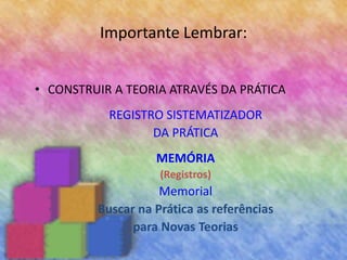 Importante Lembrar:
• CONSTRUIR A TEORIA ATRAVÉS DA PRÁTICA
REGISTRO SISTEMATIZADOR
DA PRÁTICA
MEMÓRIA
(Registros)
Memorial
Buscar na Prática as referências
para Novas Teorias
 