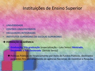 Instituições de Ensino Superior
• UNIVERSIDADE
• CENTROS UNIVERSITÁRIOS
• FACULDADES INTEGRADAS
• INSTITUTOS SUPERIORES DE ESCOLAS SUPERIORES
 FORMAÇÃO ACADÊMICA
 Graduação/ Pós graduação (especialização – Lato Sensu) Mestrado,
Doutorado e Pós Doutorado (Stricto Sensu)
Políticas Públicas de Financiamento por meio de Fundos Públicos, destinados
para estes fins, por intermédio de agências Nacionais de Incentivo a Pesquisa.
 