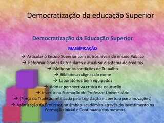 Democratização da educação Superior
Democratização da Educação Superior
MASSIFICAÇÃO
 Articular o Ensino Superior com outros níveis do ensino Público
 Reformar Grades Curriculares e atualizar o sistema de créditos
 Melhorar as condições de Trabalho
 Bibliotecas dignas do nome
 Laboratórios bem equipados
 Adotar perspectiva crítica da educação
 Investir na Formação do Professor Universitário
 (Força da Tradição,retificada pela Legislação e abertura para inovações)
 Valorização do Professor no âmbito acadêmico através do investimento na
Formação Inicial e Continuada dos mesmos.
 