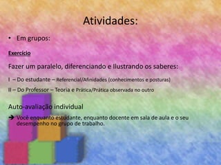 Atividades:
• Em grupos:
Exercício
Fazer um paralelo, diferenciando e Ilustrando os saberes:
I – Do estudante – Referencial/Afinidades (conhecimentos e posturas)
II – Do Professor – Teoria e Prática/Prática observada no outro
Auto-avaliação individual
 Você enquanto estudante, enquanto docente em sala de aula e o seu
desempenho no grupo de trabalho.
 