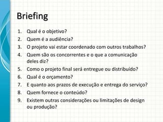 Briefing
1.   Qual é o objetivo?
2.   Quem é a audiência?
3.   O projeto vai estar coordenado com outros trabalhos?
4.   Quem são os concorrentes e o que a comunicação
     deles diz?
5.   Como o projeto final será entregue ou distribuído?
6.   Qual é o orçamento?
7.   E quanto aos prazos de execução e entrega do serviço?
8.   Quem fornece o conteúdo?
9.   Existem outras considerações ou limitações de design
     ou produção?
 