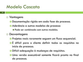 Modelo Cascata
19
 Vantagens
 Documentação rígida em cada fase do processo.
 Aderência a outros modelos de processo
 Pode ser combinado com outros modelos.
 Desvantagens
 Projetos reais raramente seguem um fluxo sequencial.
 É difícil para o cliente definir todos os requisitos no
início do processo.
 Difícil adequação à mudanças de requisitos.
 Uma versão executável somente ficará pronta no final
do processo.
 