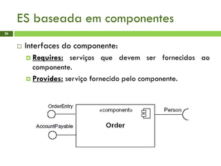 ES baseada em componentes
26
 Interfaces do componente:
 Requires: serviços que devem ser fornecidos ao
componente.
 Provides: serviço fornecido pelo componente.
 