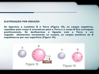 ELETRIZAÇÃO POR INDUÇÃO 
Se ligarmos o condutor B à Terra (Figura 18), as cargas negativas, 
repelidas pelo corpo A escoam-se para a Terra e o corpo B fica carregado 
positivamente. Se desfizermos a ligação com a Terra e em 
seguida afastarmos novamente os corpos, as cargas positivas de B 
espalham-se por sua superfície (Figura 19). 
 
