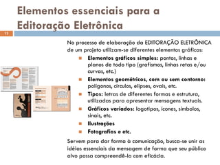 Elementos essenciais para a
13
     Editoração Eletrônica
              No processo de elaboração da EDITORAÇÃO ELETRÔNICA
              de um projeto utilizam-se diferentes elementos gráficos:
                   Elementos gráficos simples: pontos, linhas e
                     planos de todo tipo (grafismos, linhas retas e/ou
                     curvas, etc.)
                   Elementos geométricos, com ou sem contorno:
                     polígonos, círculos, elipses, ovais, etc.
                   Tipos: letras de diferentes formas e estrutura,
                     utilizadas para apresentar mensagens textuais.
                   Gráficos variados: logotipos, ícones, símbolos,
                     sinais, etc.
                   Ilustrações
                   Fotografias e etc.

              Servem para dar forma à comunicação, busca-se unir as
              idéias essenciais da mensagem de forma que seu público
              alvo possa compreendê-la com eficácia.
 