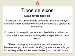 Tipos de eixos
Eixos-árvore flexíveis
Eixos-árvore flexíveis
Consistem em uma série de camadas de arame de aço
enroladas alternadamente em sentidos opostos e apertadas
fortemente.
O conjunto é protegido por um tubo flexível e a união com o
motor é feita mediante uma braçadeira especial com uma
rosca.
São eixos empregados para transmitir movimento a
ferramentas portáteis (roda de afiar), e adequados a forças
não muito grandes e altas velocidades (cabo de velocímetro).
 