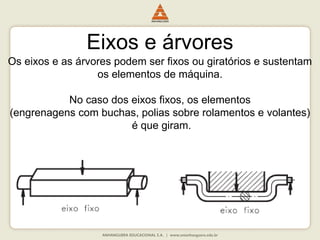 Eixos e árvores
Os eixos e as árvores podem ser fixos ou giratórios e sustentam
os elementos de máquina.
No caso dos eixos fixos, os elementos
(engrenagens com buchas, polias sobre rolamentos e volantes)
é que giram.
 