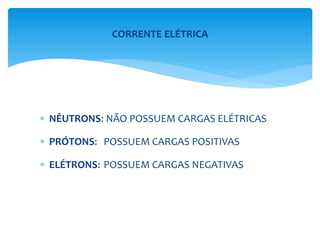  NÊUTRONS: NÃO POSSUEM CARGAS ELÉTRICAS
 PRÓTONS: POSSUEM CARGAS POSITIVAS
 ELÉTRONS: POSSUEM CARGAS NEGATIVAS
CORRENTE ELÉTRICA
 