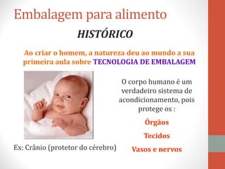 Embalagem para alimento
HISTÓRICO
Ao criar o homem, a natureza deu ao mundo a sua
primeira aula sobre TECNOLOGIA DE EMBALAGEM
O corpo humano é um
verdadeiro sistema de
acondicionamento, pois
protege os :
Órgãos
Tecidos
Vasos e nervos
Ex: Crânio (protetor do cérebro)
 