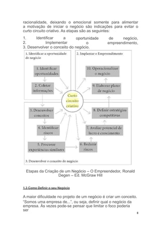 racionalidade, deixando o emocional somente para alimentar
a motivação de iniciar o negócio são indicações para evitar o
curto circuito criativo. As etapas são as seguintes:
8
1. Identificar a
2. Implementar
oportunidade
o
de negócio,
empreendimento,
3. Desenvolver o conceito do negócio.
Etapas da Criação de um Negócio – O Empreendedor, Ronald
Degen – Ed. McGraw Hill
1.3 Como Definir o seu Negócio
A maior dificuldade no projeto de um negócio é criar um conceito.
“Somos uma empresa de...”, ou seja, definir qual o negócio da
empresa. Às vezes pode-se pensar que limitar o foco poderia
ser
 