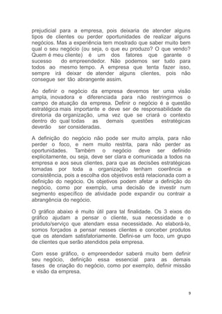 9
prejudicial para a empresa, pois deixaria de atender alguns
tipos de clientes ou perder oportunidades de realizar alguns
negócios. Mas a experiência tem mostrado que saber muito bem
qual o seu negócio (ou seja, o que eu produzo? O que vendo?
Quem é meu cliente) é um dos fatores que garante o
sucesso do empreendedor. Não podemos ser tudo para
todos ao mesmo tempo. A empresa que tenta fazer isso,
sempre irá deixar de atender alguns clientes, pois não
consegue ser tão abrangente assim.
Ao definir o negócio da empresa devemos ter uma visão
ampla, inovadora e diferenciada para não restringirmos o
campo de atuação da empresa. Definir o negócio é a questão
estratégica mais importante e deve ser de responsabilidade da
diretoria da organização, uma vez que se criará o contexto
dentro do qual todas as demais questões estratégicas
deverão ser consideradas.
A definição do negócio não pode ser muito ampla, para não
perder o foco, e nem muito restrita, para não perder as
oportunidades. Também o negócio deve ser definido
explicitamente, ou seja, deve ser clara e comunicada a todos na
empresa e aos seus clientes, para que as decisões estratégicas
tomadas por toda a organização tenham coerência e
consistência, pois a escolha dos objetivos está relacionada com a
definição do negócio. Os objetivos podem afetar a definição do
negócio, como por exemplo, uma decisão de investir num
segmento específico de atividade pode expandir ou contrair a
abrangência do negócio.
O gráfico abaixo é muito útil para tal finalidade. Os 3 eixos do
gráfico ajudam a pensar o cliente, sua necessidade e o
produto/serviço que atendam essa necessidade. Ao elaborá-lo,
somos forçados a pensar nesses clientes e conceber produtos
que os atendam satisfatoriamente. Defini-se um foco, um grupo
de clientes que serão atendidos pela empresa.
Com esse gráfico, o empreendedor saberá muito bem definir
seu negócio, definição essa essencial para as demais
fases de criação do negócio, como por exemplo, definir missão
e visão da empresa.
 