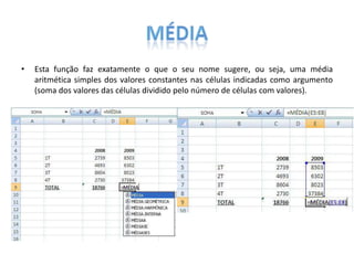 •

Esta função faz exatamente o que o seu nome sugere, ou seja, uma média
aritmética simples dos valores constantes nas células indicadas como argumento
(soma dos valores das células dividido pelo número de células com valores).

 