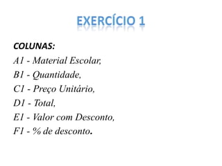 COLUNAS:
A1 - Material Escolar,
B1 - Quantidade,
C1 - Preço Unitário,
D1 - Total,
E1 - Valor com Desconto,
F1 - % de desconto.

 