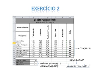 =MÉDIA(B5:E5)

NOME DA GUIA
=MÁXIMO(G5:G13) E
=MÍNIMO((G5:G13)

 