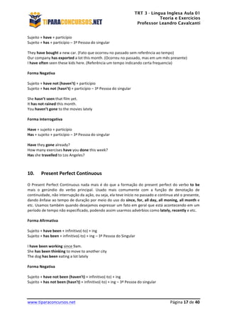 TRT 3 - Língua Inglesa Aula 01
Teoria e Exercícios
Professor Leandro Cavalcanti
	
  
	
  
	
  
www.tiparaconcursos.net	
  	
   	
  Página	
  17	
  de	
  40	
  
Sujeito	
  +	
  have	
  +	
  particípio	
  
Sujeito	
  +	
  has	
  +	
  particípio	
  –	
  3ª	
  Pessoa	
  do	
  singular	
  
	
  
They	
  have	
  bought	
  a	
  new	
  car.	
  (Fato	
  que	
  ocorreu	
  no	
  passado	
  sem	
  referência	
  ao	
  tempo)	
  
Our	
  company	
  has	
  exported	
  a	
  lot	
  this	
  month.	
  (Ocorreu	
  no	
  passado,	
  mas	
  em	
  um	
  mês	
  presente)	
  
I	
  have	
  often	
  seen	
  these	
  kids	
  here.	
  (Referência	
  um	
  tempo	
  indicando	
  certa	
  frequencia)	
  
	
  
Forma	
  Negativa	
  
	
  
Sujeito	
  +	
  have	
  not	
  (haven’t)	
  +	
  particípio	
  
Sujeito	
  +	
  has	
  not	
  (hasn’t)	
  +	
  particípio	
  –	
  3ª	
  Pessoa	
  do	
  singular	
  
	
  
She	
  hasn’t	
  seen	
  that	
  film	
  yet.	
  
It	
  has	
  not	
  rained	
  this	
  month.	
  
You	
  haven’t	
  gone	
  to	
  the	
  movies	
  lately	
  
	
  
Forma	
  Interrogativa	
  
	
  
Have	
  +	
  sujeito	
  +	
  particípio	
  
Has	
  +	
  sujeito	
  +	
  particípio	
  –	
  3ª	
  Pessoa	
  do	
  singular	
  
	
  
Have	
  they	
  gone	
  already?	
  
How	
  many	
  exercises	
  have	
  you	
  done	
  this	
  week?	
  
Has	
  she	
  travelled	
  to	
  Los	
  Angeles?	
  
	
  
	
  
10. Present	
  Perfect	
  Continuous	
  
O	
  Present	
  Perfect	
  Continuous	
  nada	
  mais	
  é	
  do	
  que	
  a	
  formação	
  do	
  present	
  perfect	
  do	
  verbo	
  to	
  be	
  
mais	
   o	
   gerúndio	
   do	
   verbo	
   principal.	
   Usado	
   mais	
   comumente	
   com	
   a	
   função	
   de	
   denotação	
   de	
  
continuidade,	
  não	
  interrupção	
  da	
  ação,	
  ou	
  seja,	
  ela	
  teve	
  início	
  no	
  passado	
  e	
  continua	
  até	
  o	
  presente,	
  
dando	
  ênfase	
  ao	
  tempo	
  de	
  duração	
  por	
  meio	
  do	
  uso	
  do	
  since,	
  for,	
  all	
  day,	
  all	
  moning,	
  all	
  month	
  e	
  
etc.	
  Usamos	
  também	
  quando	
  desejamos	
  expressar	
  um	
  fato	
  em	
  geral	
  que	
  está	
  acontecendo	
  em	
  um	
  
período	
  de	
  tempo	
  não	
  especificado,	
  podendo	
  assim	
  usarmos	
  advérbios	
  como	
  lately,	
  recently	
  e	
  etc.	
  
	
  
Forma	
  Afirmativa	
  
	
  
Sujeito	
  +	
  have	
  been	
  +	
  infinitivo(-­‐to)	
  +	
  ing	
  
Sujeito	
  +	
  has	
  been	
  +	
  infinitivo(-­‐to)	
  +	
  ing	
  –	
  3ª	
  Pessoa	
  do	
  Singular	
  
	
  
I	
  have	
  been	
  working	
  since	
  9am.	
  
She	
  has	
  been	
  thinking	
  to	
  move	
  to	
  another	
  city	
  
The	
  dog	
  has	
  been	
  eating	
  a	
  lot	
  lately	
  
	
  
Forma	
  Negativa	
  
	
  
Sujeito	
  +	
  have	
  not	
  been	
  (haven’t)	
  +	
  infinitivo(-­‐to)	
  +	
  ing	
  
Sujeito	
  +	
  has	
  not	
  been	
  (hasn’t)	
  +	
  infinitivo(-­‐to)	
  +	
  ing	
  –	
  3ª	
  Pessoa	
  do	
  singular	
  
	
  
 