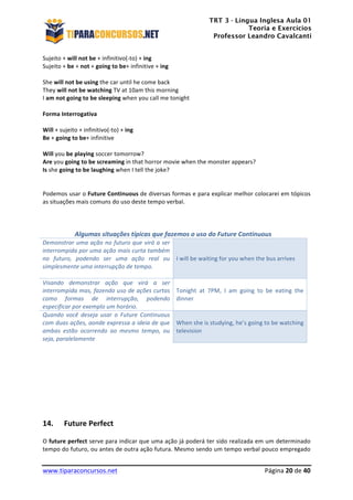 TRT 3 - Língua Inglesa Aula 01
Teoria e Exercícios
Professor Leandro Cavalcanti
	
  
	
  
	
  
www.tiparaconcursos.net	
  	
   	
  Página	
  20	
  de	
  40	
  
Sujeito	
  +	
  will	
  not	
  be	
  +	
  infinitivo(-­‐to)	
  +	
  ing	
  
Sujeito	
  +	
  be	
  +	
  not	
  +	
  going	
  to	
  be+	
  infinitive	
  +	
  ing	
  
	
  
She	
  will	
  not	
  be	
  using	
  the	
  car	
  until	
  he	
  come	
  back	
  
They	
  will	
  not	
  be	
  watching	
  TV	
  at	
  10am	
  this	
  morning	
  
I	
  am	
  not	
  going	
  to	
  be	
  sleeping	
  when	
  you	
  call	
  me	
  tonight	
  
	
  	
  
Forma	
  Interrogativa	
  
	
  
Will	
  +	
  sujeito	
  +	
  infinitivo(-­‐to)	
  +	
  ing	
  
Be	
  +	
  going	
  to	
  be+	
  infinitive	
  
	
  
Will	
  you	
  be	
  playing	
  soccer	
  tomorrow?	
  
Are	
  you	
  going	
  to	
  be	
  screaming	
  in	
  that	
  horror	
  movie	
  when	
  the	
  monster	
  appears?	
  
Is	
  she	
  going	
  to	
  be	
  laughing	
  when	
  I	
  tell	
  the	
  joke?	
  	
  
	
  
	
  
Podemos	
  usar	
  o	
  Future	
  Continuous	
  de	
  diversas	
  formas	
  e	
  para	
  explicar	
  melhor	
  colocarei	
  em	
  tópicos	
  
as	
  situações	
  mais	
  comuns	
  do	
  uso	
  deste	
  tempo	
  verbal.	
  
	
  
	
  
	
  
Algumas	
  situações	
  típicas	
  que	
  fazemos	
  o	
  uso	
  do	
  Future	
  Continuous	
  
Demonstrar	
  uma	
  ação	
  no	
  futuro	
  que	
  virá	
  a	
  ser	
  
interrompida	
  por	
  uma	
  ação	
  mais	
  curta	
  também	
  
no	
   futuro,	
   podendo	
   ser	
   uma	
   ação	
   real	
   ou	
  
simplesmente	
  uma	
  interrupção	
  de	
  tempo.	
  
	
  
	
  
	
  
I	
  will	
  be	
  waiting	
  for	
  you	
  when	
  the	
  bus	
  arrives	
  
Visando	
   demonstrar	
   ação	
   que	
   virá	
   a	
   ser	
  
interrompida	
  mas,	
  fazendo	
  uso	
  de	
  ações	
  curtas	
  
como	
   formas	
   de	
   interrupção,	
   podendo	
  
especificar	
  por	
  exemplo	
  um	
  horário.	
  
	
  
Tonight	
   at	
   7PM,	
   I	
   am	
   going	
   to	
   be	
   eating	
   the	
  
dinner	
  
Quando	
   você	
   deseja	
   usar	
   o	
   Future	
   Continuous	
  
com	
  duas	
  ações,	
  aonde	
  expressa	
  a	
  ideia	
  de	
  que	
  
ambas	
   estão	
   ocorrendo	
   ao	
   mesmo	
   tempo,	
   ou	
  
seja,	
  paralelamente	
  
	
  
When	
  she	
  is	
  studying,	
  he’s	
  going	
  to	
  be	
  watching	
  
television	
  
	
  
	
  
	
  
	
  
	
  
	
  
	
  
	
  
	
  
14. Future	
  Perfect	
  
O	
  future	
  perfect	
  serve	
  para	
  indicar	
  que	
  uma	
  ação	
  já	
  poderá	
  ter	
  sido	
  realizada	
  em	
  um	
  determinado	
  
tempo	
  do	
  futuro,	
  ou	
  antes	
  de	
  outra	
  ação	
  futura.	
  Mesmo	
  sendo	
  um	
  tempo	
  verbal	
  pouco	
  empregado	
  
 