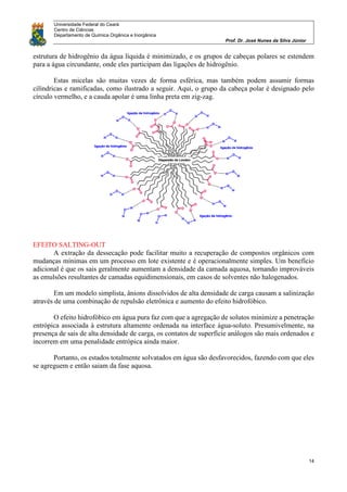 Universidade Federal do Ceará
Centro de Ciências
Departamento de Química Orgânica e Inorgânica
Prof. Dr. José Nunes da Silva Júnior
14
estrutura de hidrogênio da água líquida é minimizado, e os grupos de cabeças polares se estendem
para a água circundante, onde eles participam das ligações de hidrogênio.
Estas micelas são muitas vezes de forma esférica, mas também podem assumir formas
cilíndricas e ramificadas, como ilustrado a seguir. Aqui, o grupo da cabeça polar é designado pelo
círculo vermelho, e a cauda apolar é uma linha preta em zig-zag.
EFEITO SALTING-OUT
A extração da dessecação pode facilitar muito a recuperação de compostos orgânicos com
mudanças mínimas em um processo em lote existente e é operacionalmente simples. Um benefício
adicional é que os sais geralmente aumentam a densidade da camada aquosa, tornando improváveis
as emulsões resultantes de camadas equidimensionais, em casos de solventes não halogenados.
Em um modelo simplista, ânions dissolvidos de alta densidade de carga causam a salinização
através de uma combinação de repulsão eletrônica e aumento do efeito hidrofóbico.
O efeito hidrofóbico em água pura faz com que a agregação de solutos minimize a penetração
entrópica associada à estrutura altamente ordenada na interface água-soluto. Presumivelmente, na
presença de sais de alta densidade de carga, os contatos de superfície análogos são mais ordenados e
incorrem em uma penalidade entrópica ainda maior.
Portanto, os estados totalmente solvatados em água são desfavorecidos, fazendo com que eles
se agreguem e então saiam da fase aquosa.
 