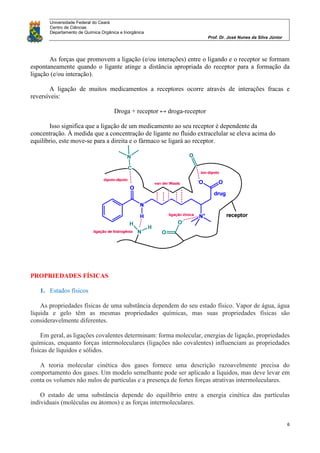 Universidade Federal do Ceará
Centro de Ciências
Departamento de Química Orgânica e Inorgânica
Prof. Dr. José Nunes da Silva Júnior
6
As forças que promovem a ligação (e/ou interações) entre o ligando e o receptor se formam
espontaneamente quando o ligante atinge a distância apropriada do receptor para a formação da
ligação (e/ou interação).
A ligação de muitos medicamentos a receptores ocorre através de interações fracas e
reversíveis:
Droga + receptor ↔ droga-receptor
Isso significa que a ligação de um medicamento ao seu receptor é dependente da
concentração. À medida que a concentração de ligante no fluido extracelular se eleva acima do
equilíbrio, este move-se para a direita e o fármaco se ligará ao receptor.
PROPRIEDADES FÍSICAS
1. Estados físicos
As propriedades físicas de uma substância dependem do seu estado físico. Vapor de água, água
líquida e gelo têm as mesmas propriedades químicas, mas suas propriedades físicas são
consideravelmente diferentes.
Em geral, as ligações covalentes determinam: forma molecular, energias de ligação, propriedades
químicas, enquanto forças intermoleculares (ligações não covalentes) influenciam as propriedades
físicas de líquidos e sólidos.
A teoria molecular cinética dos gases fornece uma descrição razoavelmente precisa do
comportamento dos gases. Um modelo semelhante pode ser aplicado a líquidos, mas deve levar em
conta os volumes não nulos de partículas e a presença de fortes forças atrativas intermoleculares.
O estado de uma substância depende do equilíbrio entre a energia cinética das partículas
individuais (moléculas ou átomos) e as forças intermoleculares.
 