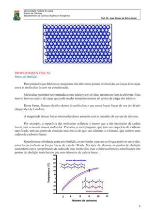 Universidade Federal do Ceará
Centro de Ciências
Departamento de Química Orgânica e Inorgânica
Prof. Dr. José Nunes da Silva Júnior
8
PROPRIEDADES FÍSICAS
Ponto de ebulição
Para entender que diferentes compostos têm diferentes pontos de ebulição, as forças de atração
entre as moléculas devem ser consideradas.
Moléculas poderiam ser retratadas como núcleos envolvidos em uma nuvem de elétrons. Essa
nuvem tem um centro de carga que pode mudar temporariamente do centro de carga dos núcleos.
Desta forma, flutuam dipolos dentro de moléculas, o que causa forças fracas de van der Waals
(dispersões de London).
A magnitude dessas forças intermoleculares aumenta com o tamanho da nuvem de elétrons.
Por exemplo, a superfície das moléculas esféricas é menor que a das moléculas de cadeia
linear com a mesma massa molecular. Portanto, o metilpropano, que tem um esqueleto de carbono
ramificado, tem um ponto de ebulição mais baixo do que seu isômero, o n-butano, que contém uma
cadeia de carbonos linear.
Quando uma substância entra em ebulição, as moléculas superam as forças atrativas entre elas;
estas forças incluem as forças fracas de van der Waals. Na série de alcanos, os pontos de ebulição
aumentam com o comprimento da cadeia de suas moléculas, mas os hidrocarbonetos ramificados têm
pontos de ebulição mais baixos que seus isômeros de cadeia linear.
 