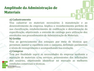 Amplitude da Administração de
Materiais
a) Cadastramento
Visa cadastrar os materiais necessários à manutenção e ao
desenvolvimento da empresa. Implica o reconhecimento perfeito de
sua classificação, estabelecimento de codificação e determinação da
especificação, objetivando a emissão de catálogo para utilização dos
envolvidos nos procedimentos de Administração de Materiais.
b) Gestão
Visa ao gerenciamento dos estoques por meio de técnicas que
permitam manter o equilíbrio com o consumo, definindo parâmetros
e níveis de ressuprimento e acompanhando sua evolução.
c) Compras
Tem por finalidade suprir as necessidades da empresa mediante a
aquisição de materiais e/ou serviços, provenientes das solicitações
dos usuários, objetivando identificar no mercado as melhores
condições comerciais e técnicas.
 