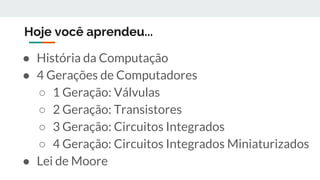 Hoje você aprendeu...
● História da Computação
● 4 Gerações de Computadores
○ 1 Geração: Válvulas
○ 2 Geração: Transistores
○ 3 Geração: Circuitos Integrados
○ 4 Geração: Circuitos Integrados Miniaturizados
● Lei de Moore
 
