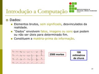 Introdução a Computação
 Dados:
 Elementos brutos, sem significado, desvinculados da
realidade.
 “Dados” envolvem fatos, imagens ou sons que podem
ou não ser úteis para determinado fim.
 Constituem a matéria-prima da informação.
2500 mortes
100
milímetros
de chuva
10
 