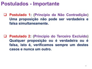 19
Postulados - Importante
 Postulado 1: (Princípio da Não Contradição)
Uma proposição não pode ser verdadeira e
falsa simultaneamente.
 Postulado 2: (Princípio do Terceiro Excluído)
Qualquer proposição ou é verdadeira ou é
falsa, isto é, verificamos sempre um destes
casos e nunca um outro.
 