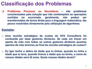 36
Classificação dos Problemas
 Problemas Processo ou Heurísticos – são problemas
caracterizados pela solução que não comtemplam as operações
contidas no enunciado, geralmente, não podem ser
transformados de forma direta para a linguagem matemática, tão
pouco resolvidos diretamente pela utilização de algoritmos.
Exemplos:
o Uma reunião estratégica de custos da AFA Consultoria foi
conduzida por doze gestores diretores. Se cada um trocar um
aperto de mão com todos os outros gestores diretores quantos
apertos de mão teremos ao final da reunião estratégica de custos?
o Eu Igor tenho o dobro da idade que tu tinhas, quando eu tinha a
idade que tu tens, quando tiveres a idade que eu tenho, a soma de
nossas idades será 42 anos. Quais nossas idades atuais?
 