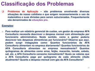 37
Classificação dos Problemas
 Problemas de Aplicação – são problemas envolvendo diversas
situações do nosso cotidiana e que exigem necessariamente o uso da
matemática e suas divisões para serem solucionados. Frequentemente
são denominados de situações pro.
Exemplos:
o Para realizar um relatório gerencial de custos, um gestor da empresa AFA
Consultoria necessita descrever a despesa mensal com alimentação por
funcionário administrativo. Neste sentido, como o gestor poderia
descrever tais despesas alimentícias por funcionário? Observe que aqui,
podem surgir indagações como: Quantos funcionários da AFA
Consultoria alimentam na empresa diariamente? Quantos funcionários da
AFA Consultoria alimentam na empresa mensalmente? Quantos
quilogramas de alimentos como arroz, feijão, macarrão, tomate, cebola,
sal, etc. a AFA Consultoria consome mensalmente? Quais os valores que
a AFA Consultoria paga por quilograma de cada alimento citado
atualmente? Quanto a despesa mensal com gás da AFA Consultoria?
 