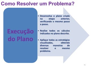 41
Como Resolver um Problema?
• Desenvolva o plano criado
na etapa anterior,
verificando o mesmo passo
a passo.
• Realize todos os cálculos
indicados no plano descrito.
• Aplique todas as estratégias
visualizadas, obtendo
diversas maneiras de
resolver o mesmo
problema.
Execução
do Plano
 