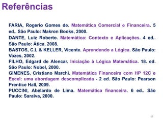 43
Referências
FARIA, Rogerio Gomes de. Matemática Comercial e Financeira. 5
ed.. São Paulo: Makron Books, 2000.
DANTE, Luiz Roberto. Matemática: Contexto e Aplicações. 4 ed..
São Paulo: Ática, 2008.
BASTOS, C.L & KELLER, Vicente. Aprendendo a Lógica. São Paulo:
Vozes, 2002.
FILHO, Edgard de Alencar. Iniciação à Lógica Matemática. 18. ed.
São Paulo: Nobel, 2000.
GIMENES, Cristiano Marchi. Matemática Financeira com HP 12C e
Excel: uma abordagem descomplicada - 2 ed. São Paulo: Pearson
Prentice Hall, 2009.
PUCCINI, Abelardo de Lima. Matemática financeira. 6 ed.. São
Paulo: Saraiva, 2000.
 