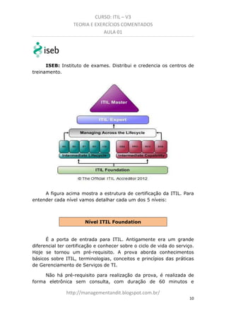 CURSO: ITIL – V3
TEORIA E EXERCÍCIOS COMENTADOS
AULA 01

ISEB: Instituto de exames. Distribui e credencia os centros de
treinamento.

A figura acima mostra a estrutura de certificação da ITIL. Para
entender cada nível vamos detalhar cada um dos 5 níveis:

Nível ITIL Foundation

É a porta de entrada para ITIL. Antigamente era um grande
diferencial ter certificação e conhecer sobre o ciclo de vida do serviço.
Hoje se tornou um pré-requisito. A prova aborda conhecimentos
básicos sobre ITIL, terminologias, conceitos e princípios das práticas
de Gerenciamento de Serviços de TI.
Não há pré-requisito para a realização da prova, é realizada de
forma eletrônica sem consulta, com duração de 60 minutos e

managementandit.blogspot.com.br
10

 