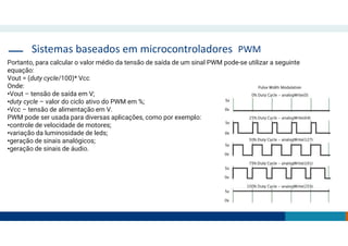 Sistemas baseados em microcontroladores PWM
Portanto, para calcular o valor médio da tensão de saída de um sinal PWM pode-se utilizar a seguinte
equação:
Vout = (duty cycle/100)* Vcc
Onde:
•Vout – tensão de saída em V;
•duty cycle – valor do ciclo ativo do PWM em %;
•Vcc – tensão de alimentação em V.
PWM pode ser usada para diversas aplicações, como por exemplo:
•controle de velocidade de motores;
•variação da luminosidade de leds;
•geração de sinais analógicos;
•geração de sinais de áudio.
 
