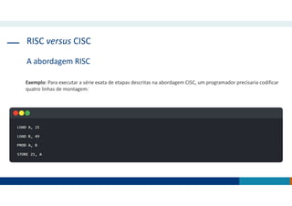 RISC versus CISC
A abordagem RISC
Exemplo: Para executar a série exata de etapas descritas na abordagem CISC, um programador precisaria codificar
quatro linhas de montagem:
 