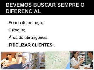 Forma de entrega;
Estoque;
Área de abrangência;
FIDELIZAR CLIENTES .
 