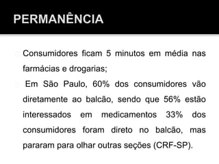 Consumidores ficam 5 minutos em média nas
farmácias e drogarias;
Em São Paulo, 60% dos consumidores vão
diretamente ao balcão, sendo que 56% estão
interessados em medicamentos 33% dos
consumidores foram direto no balcão, mas
pararam para olhar outras seções (CRF-SP).
 