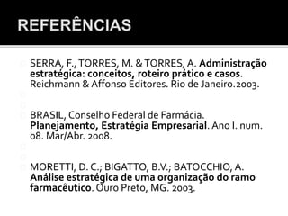 SERRA, F.,TORRES, M. &TORRES, A. Administração
estratégica: conceitos, roteiro prático e casos.
Reichmann & Affonso Editores. Rio de Janeiro.2003.
BRASIL, Conselho Federal de Farmácia.
Planejamento, Estratégia Empresarial. Ano I. num.
08. Mar/Abr. 2008.
MORETTI, D. C.; BIGATTO, B.V.; BATOCCHIO,A.
Análise estratégica de uma organização do ramo
farmacêutico. Ouro Preto, MG. 2003.
 
